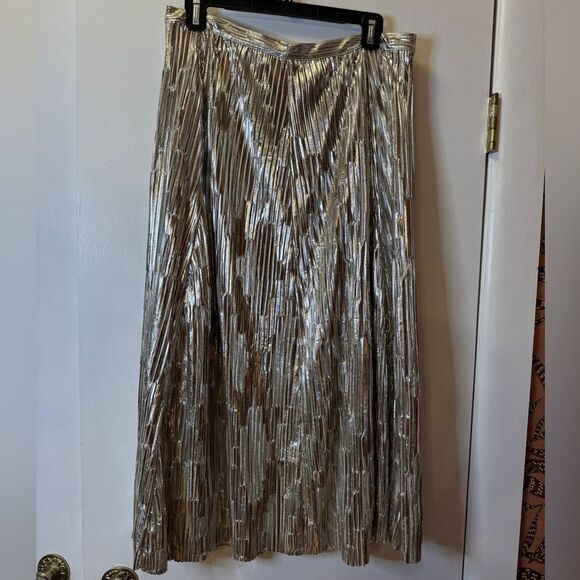 ANTHROPOLOGIE MAEVE Eclat Micro-pleated Metallic Midi Skirt Silver Women’s 8 - Picture 4 of 7